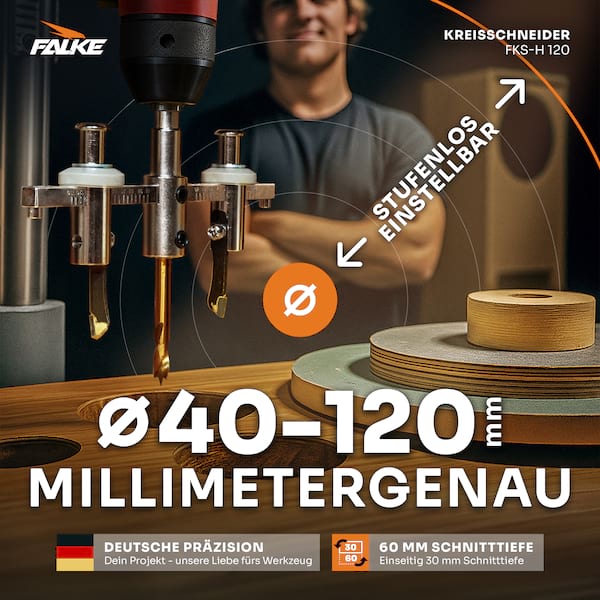 Falke Kreisschneider FKS-H 120 - Universal für Holz, Kunststoff, Gipskarton | Durchmesser stufenlos einstellbar (40-120 mm) - Verstellbare Lochsäge
